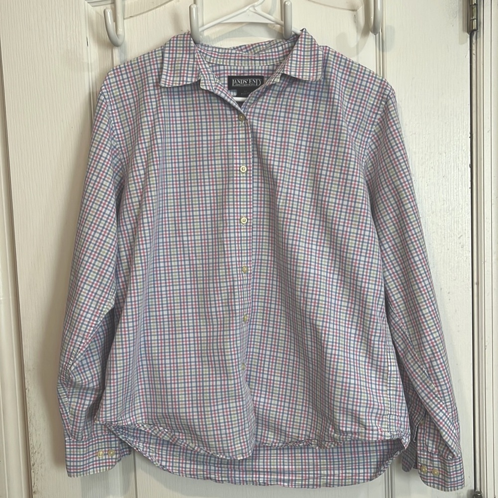 Lands End Pink & Blue Plaid Long Sleeve Button Down Blouse - SZ 12